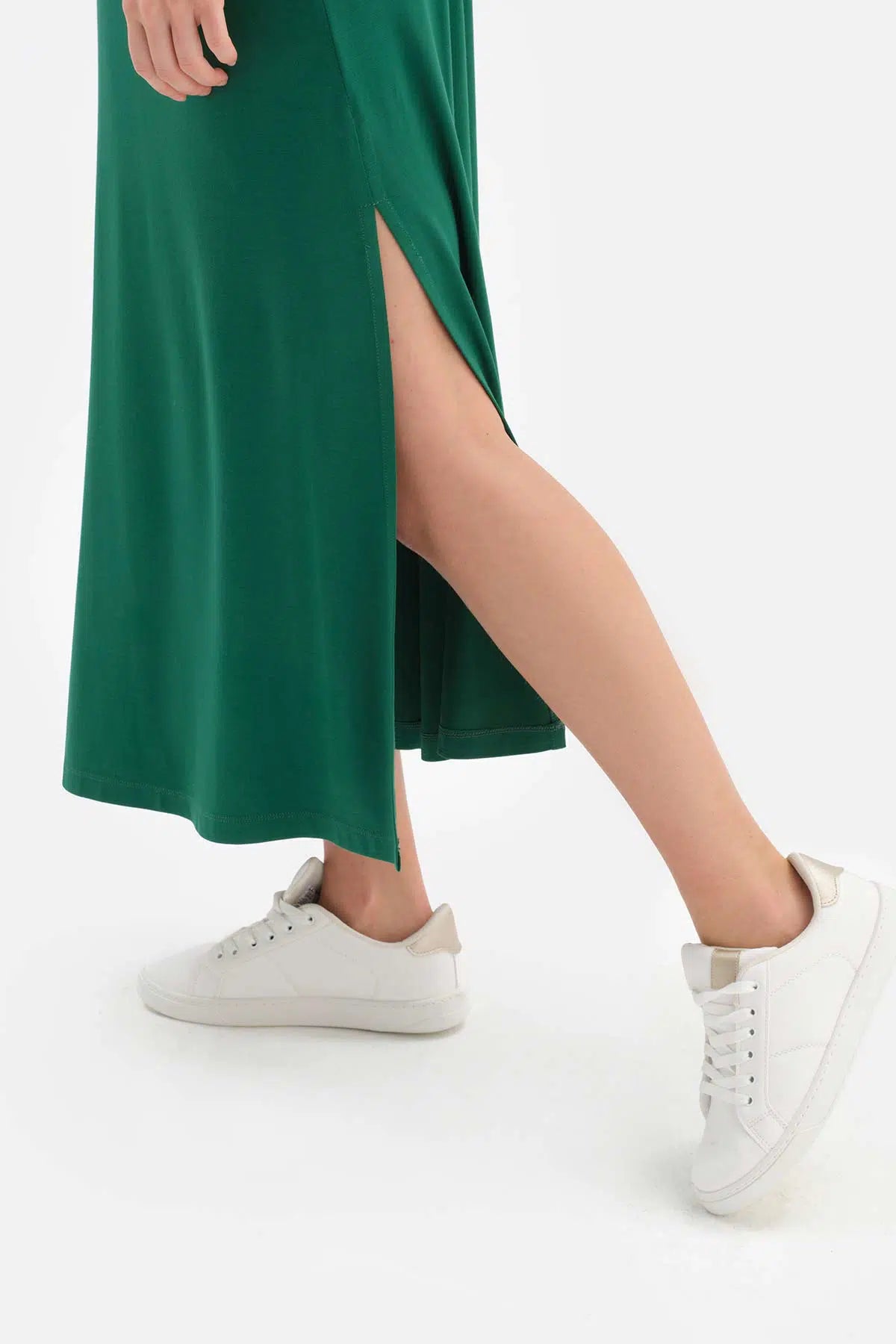 Koyu Yeşil Örgü Detaylı Viskon Elbise