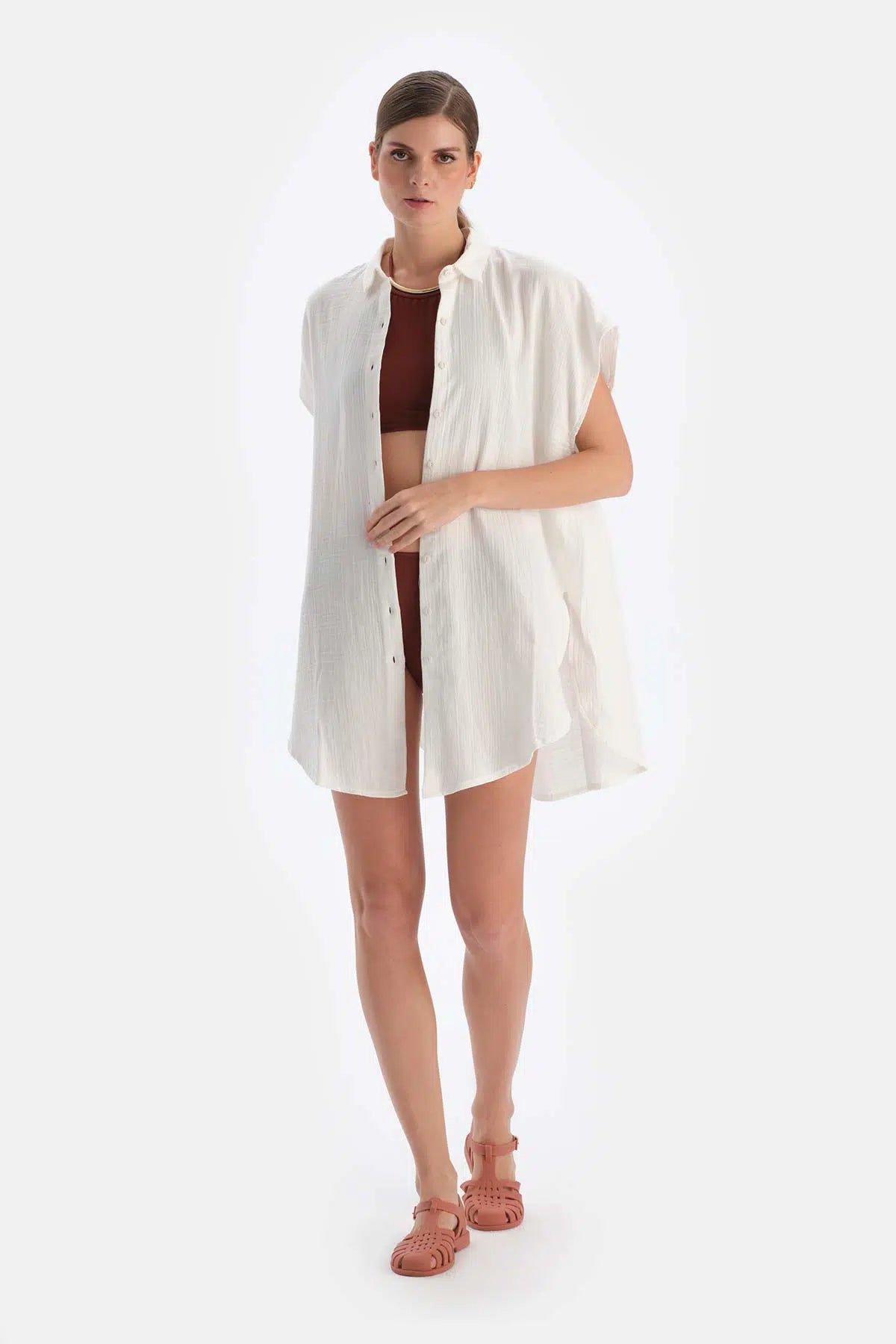 Ekru Müslin Uzun Gömlek