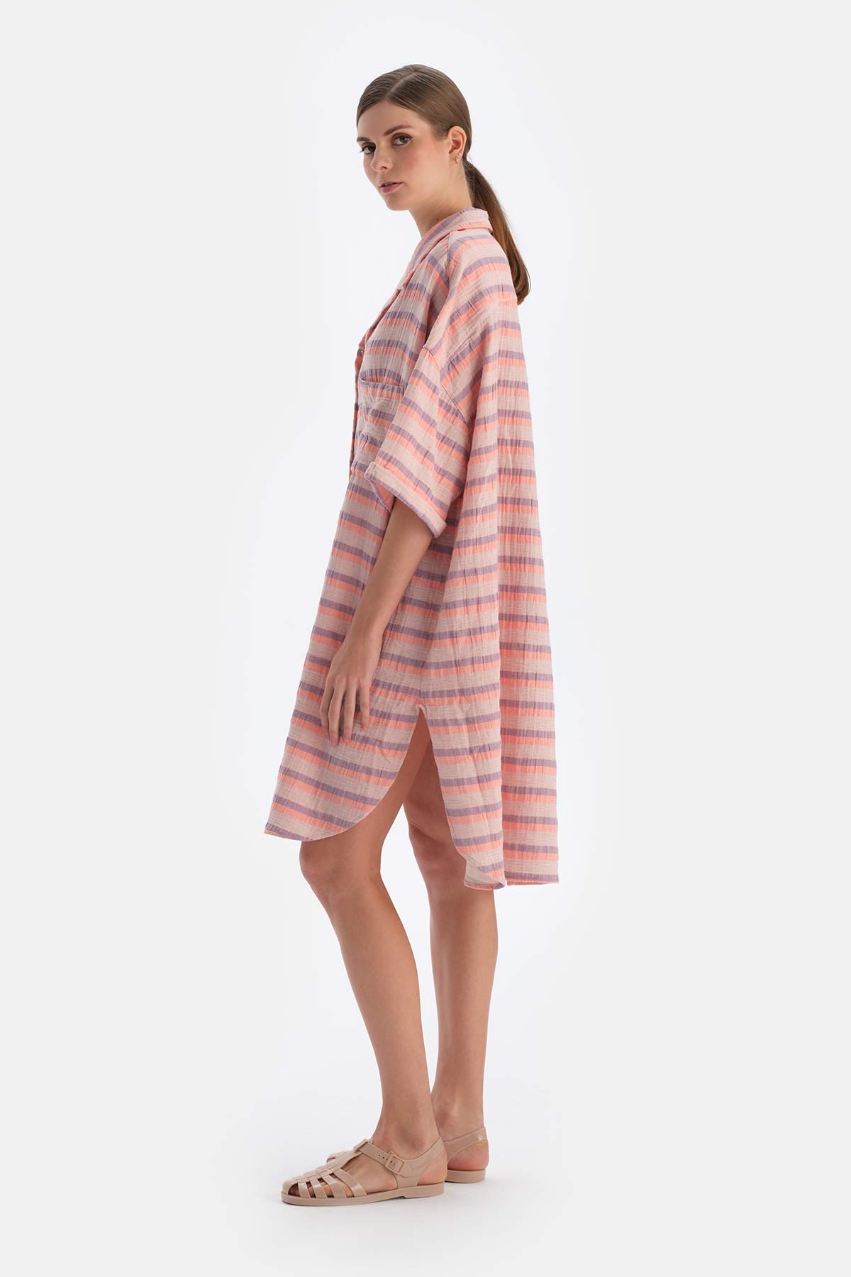 Turuncu - Bej Müslin Uzun Gömlek