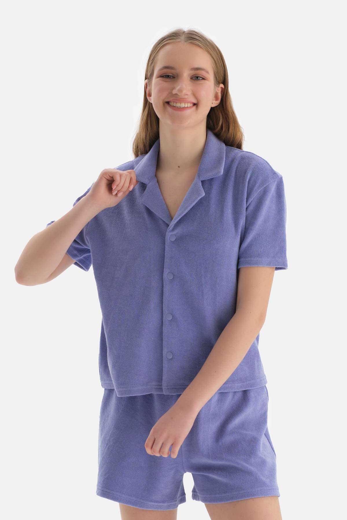 Lila Kısa Kol Havlu Gömlek