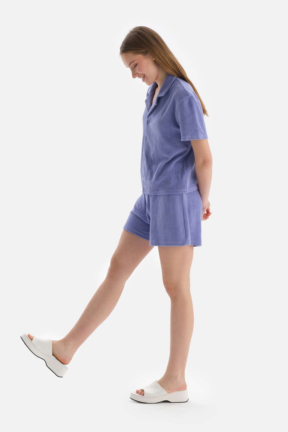 Lila Kısa Kol Havlu Gömlek