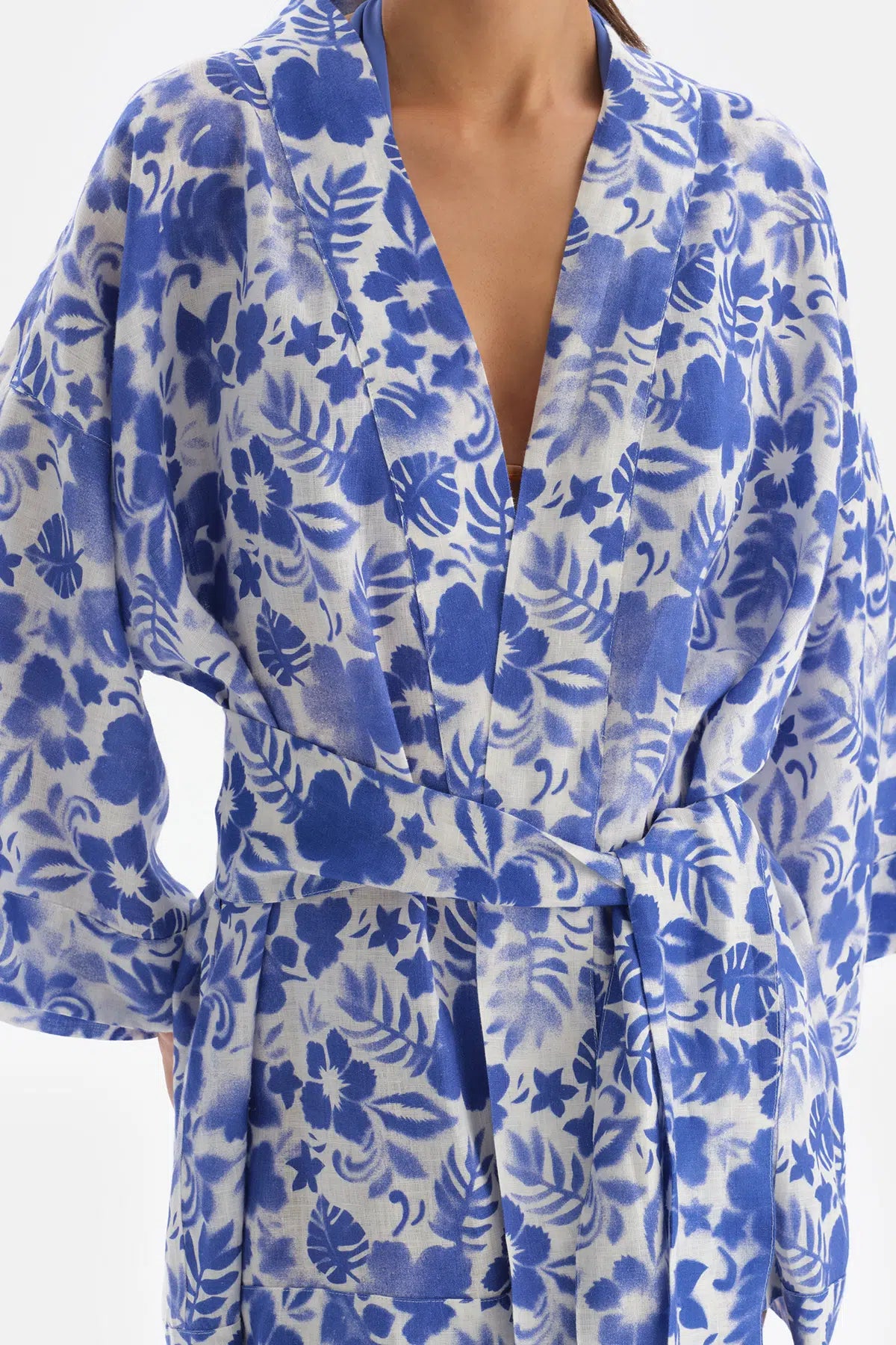 Mavi - Beyaz Keten Kimono