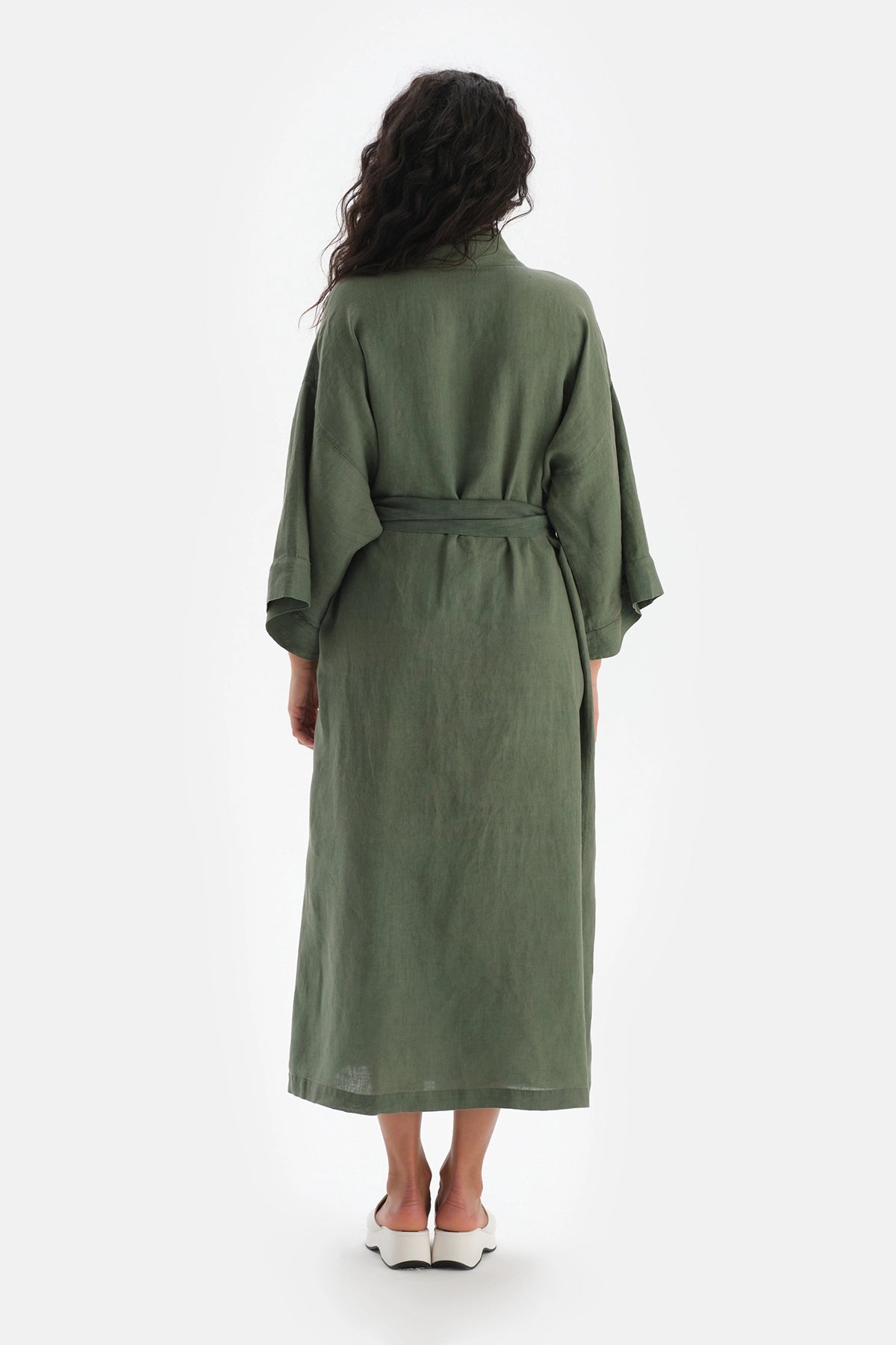 Yeşil Keten Uzun Kimono