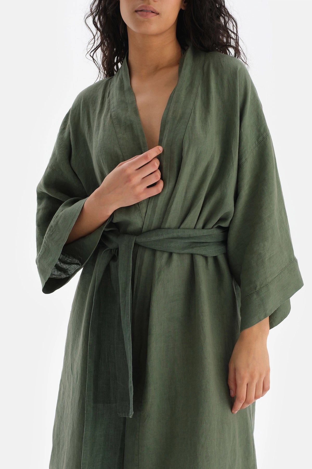 Yeşil Keten Uzun Kimono