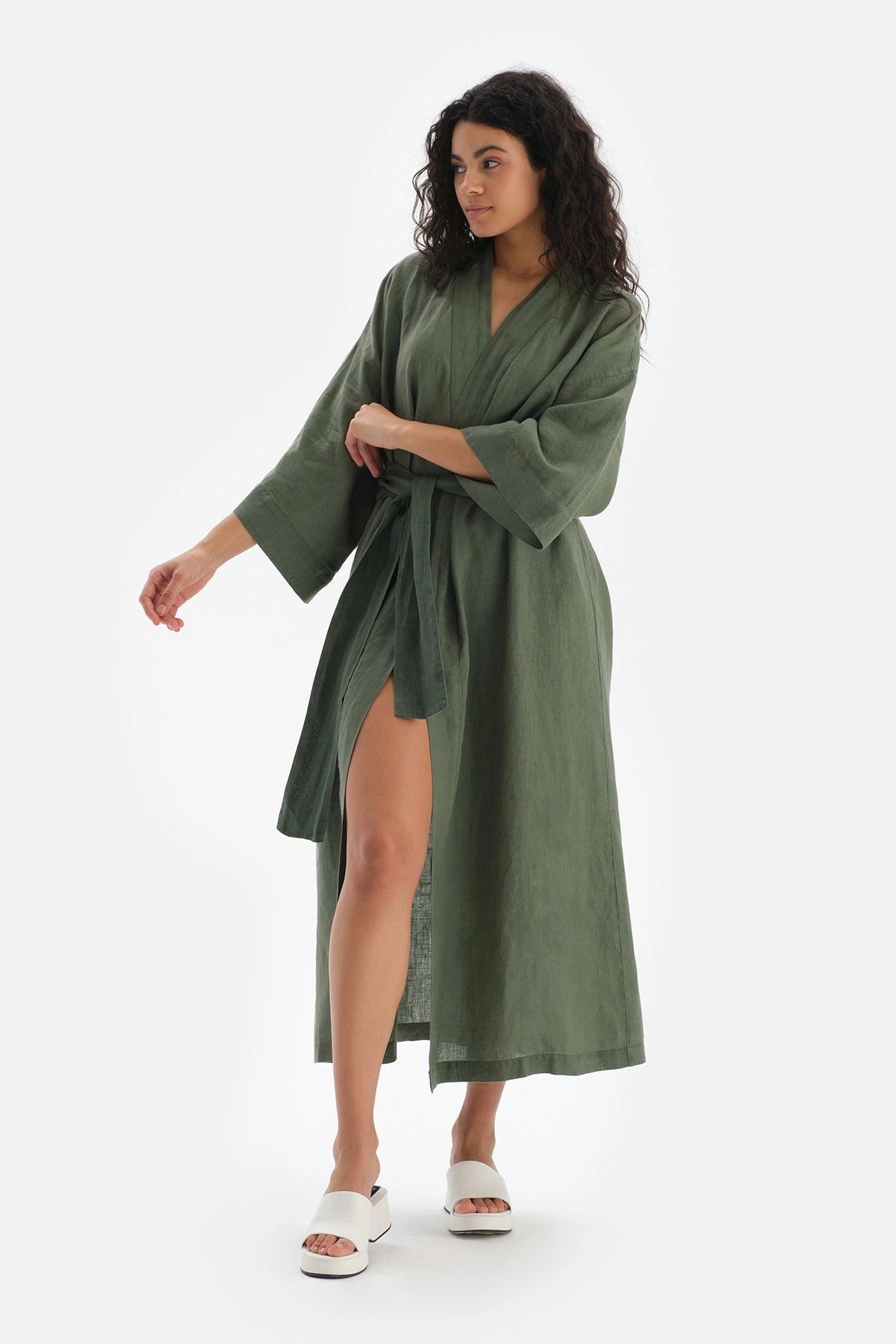 Yeşil Keten Uzun Kimono