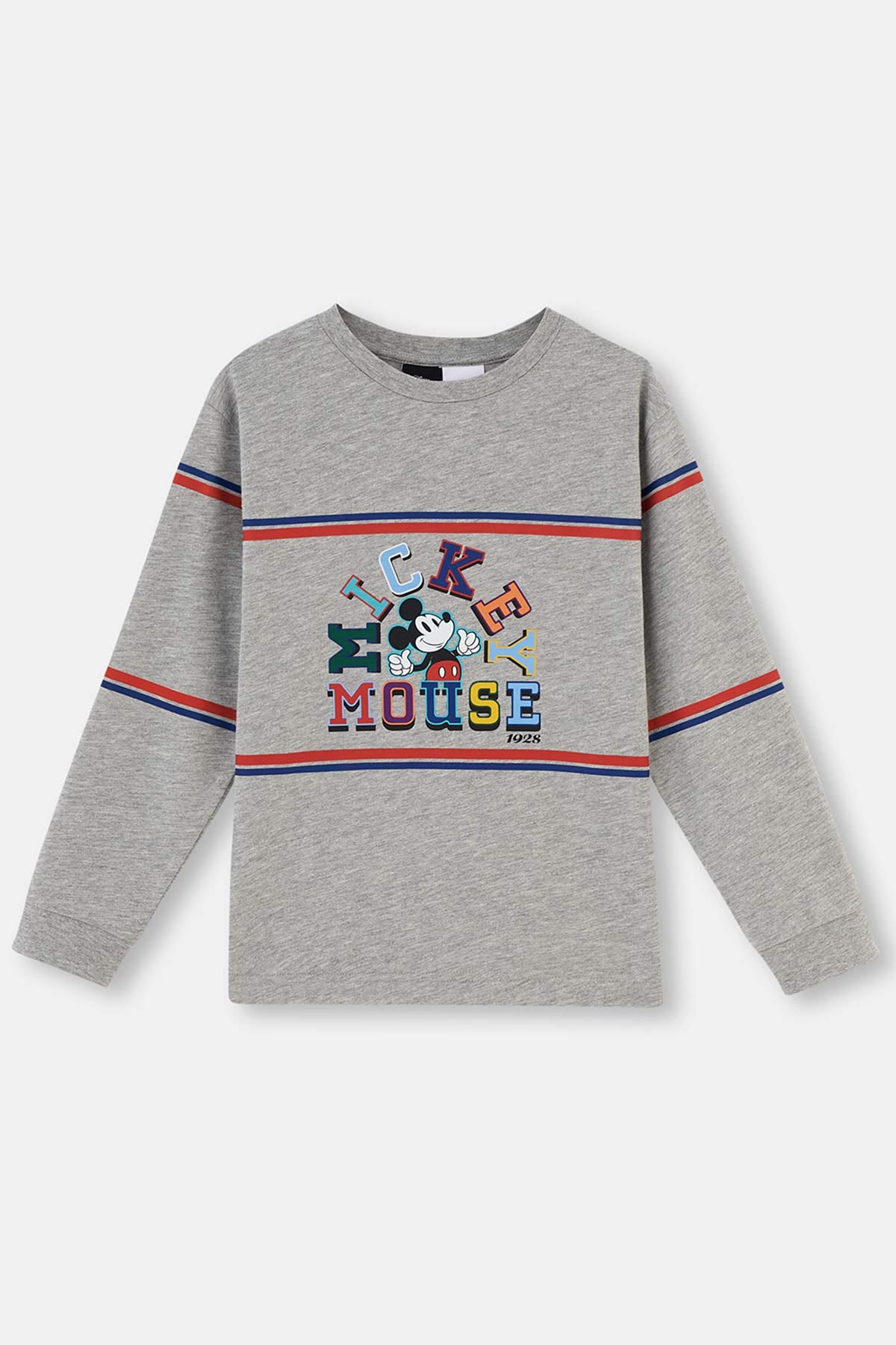 Gri Melanj Mıckey Mouse Lisanslı Bisiklet Yaka Uzun Kollu Pijama Takımı