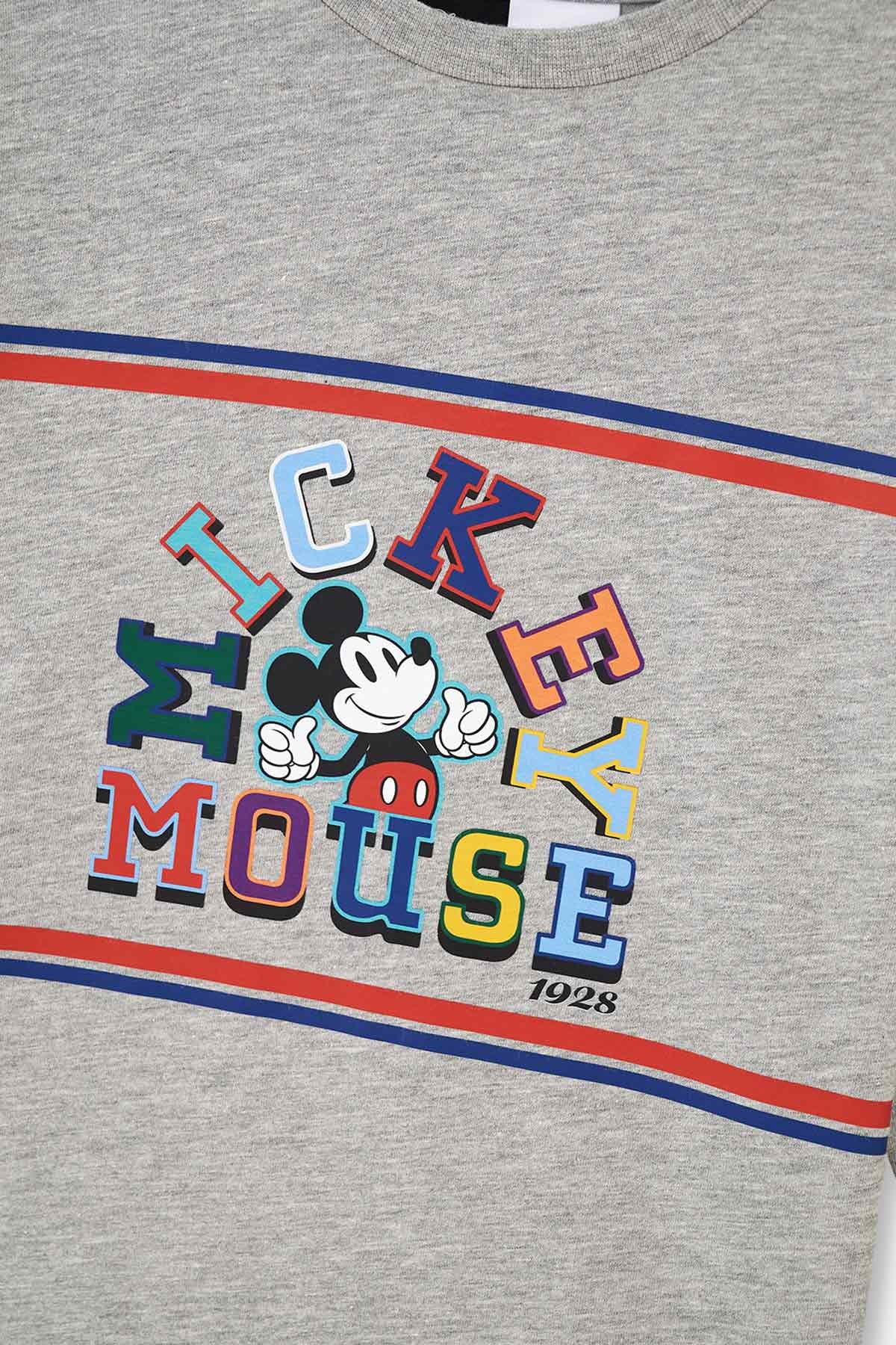 Gri Melanj Mıckey Mouse Lisanslı Bisiklet Yaka Uzun Kollu Pijama Takımı