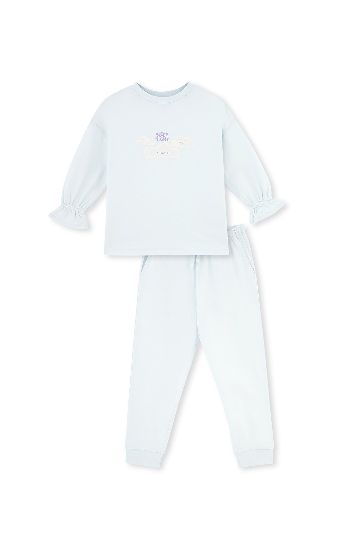 Açık Mavi Baskı Detaylı Uzun Kollu Bisiklet Yaka Pijama Takımı