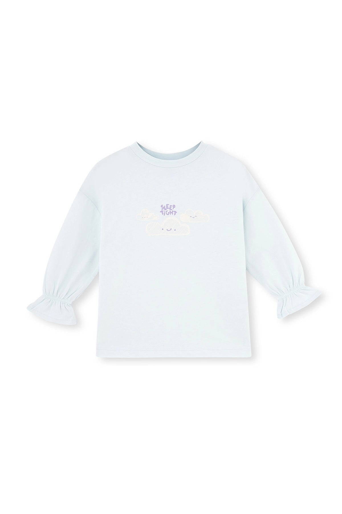 Açık Mavi Baskı Detaylı Uzun Kollu Bisiklet Yaka Pijama Takımı