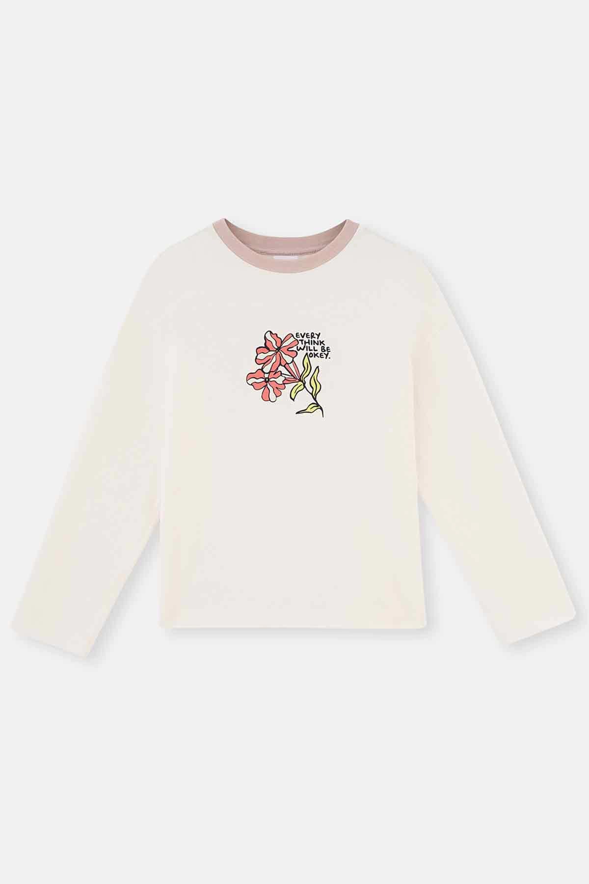 Ekru Baskı Detaylı Uzun Kollu Örme Pijama Takımı