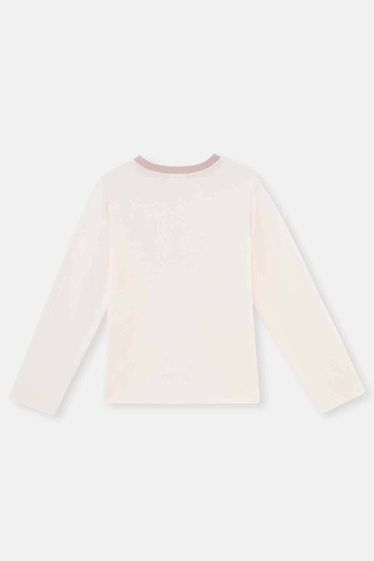 Ekru Baskı Detaylı Uzun Kollu Örme Pijama Takımı