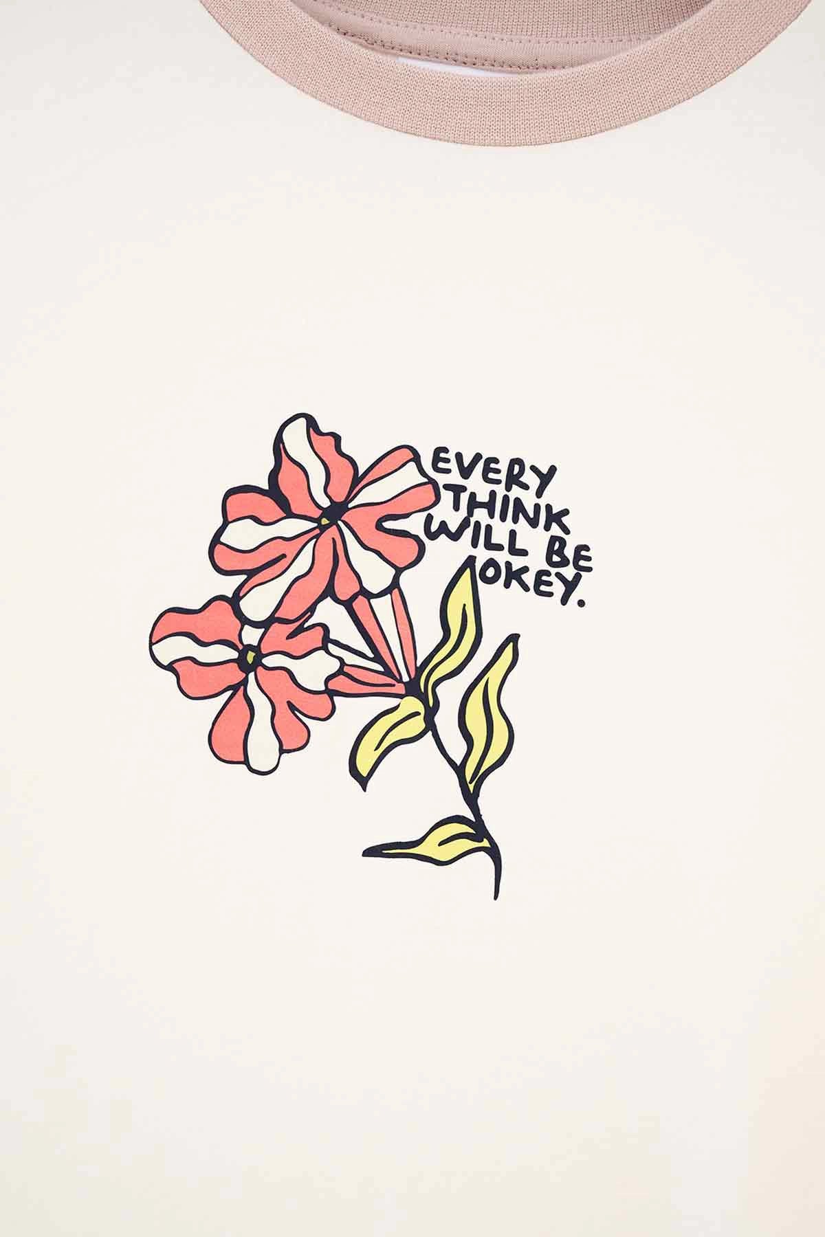 Ekru Baskı Detaylı Uzun Kollu Örme Pijama Takımı