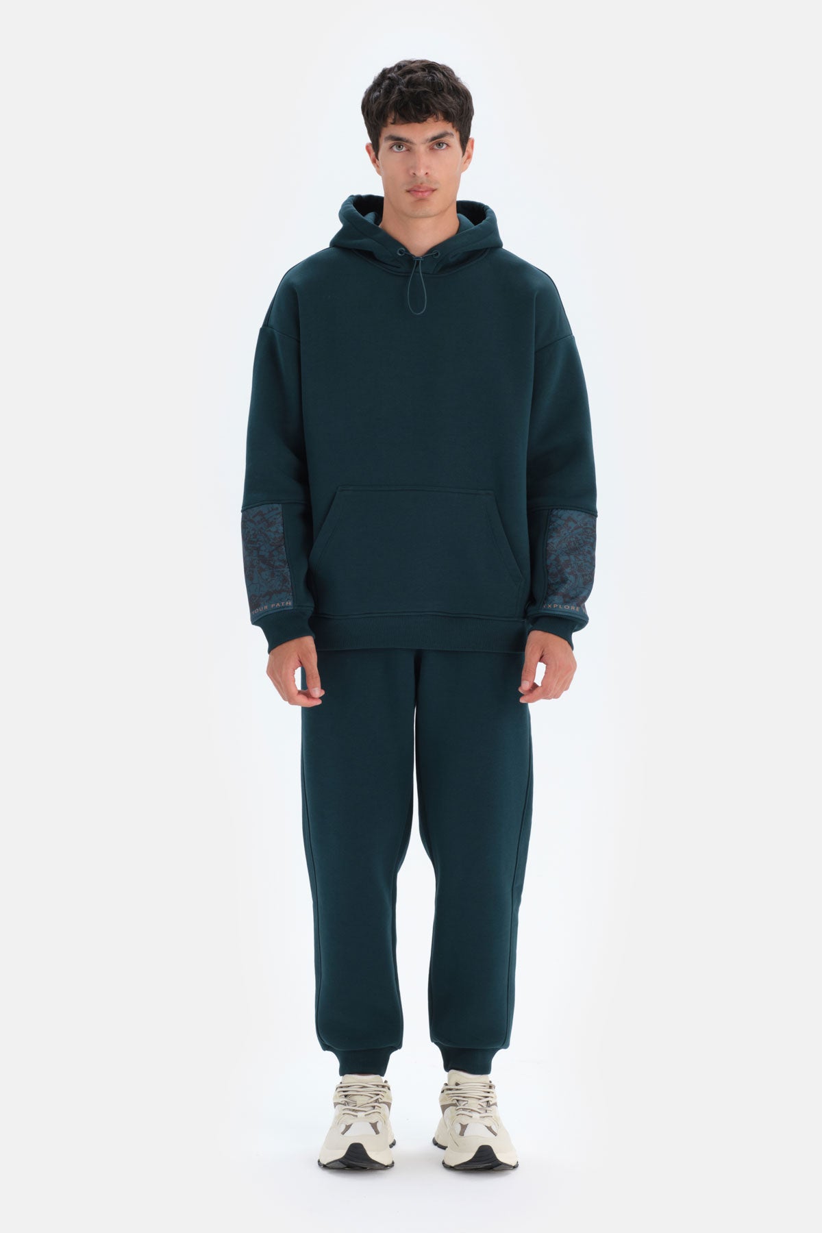 Koyu Yeşil Dagi Active Koyu Kapüşonlu Kol Garnili Sweatshirt