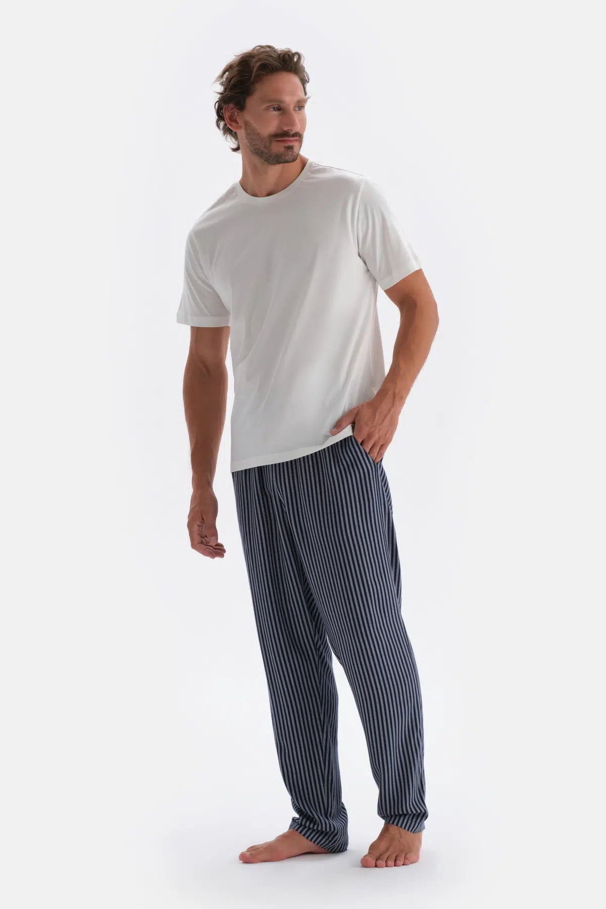 Lacivert Çizgili Viskon Pijama Altı