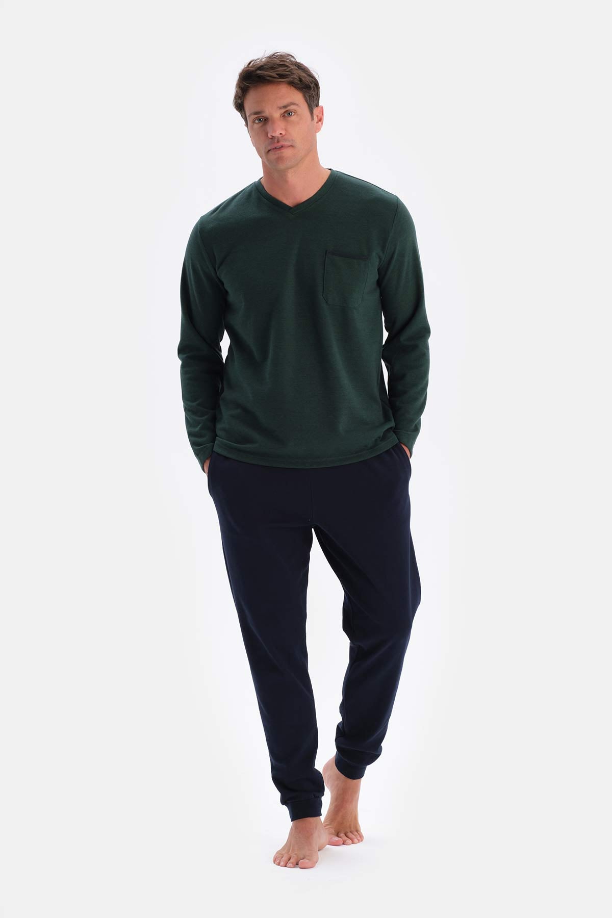 Yeşil V Yaka Uzun Kol Pijama Takımı