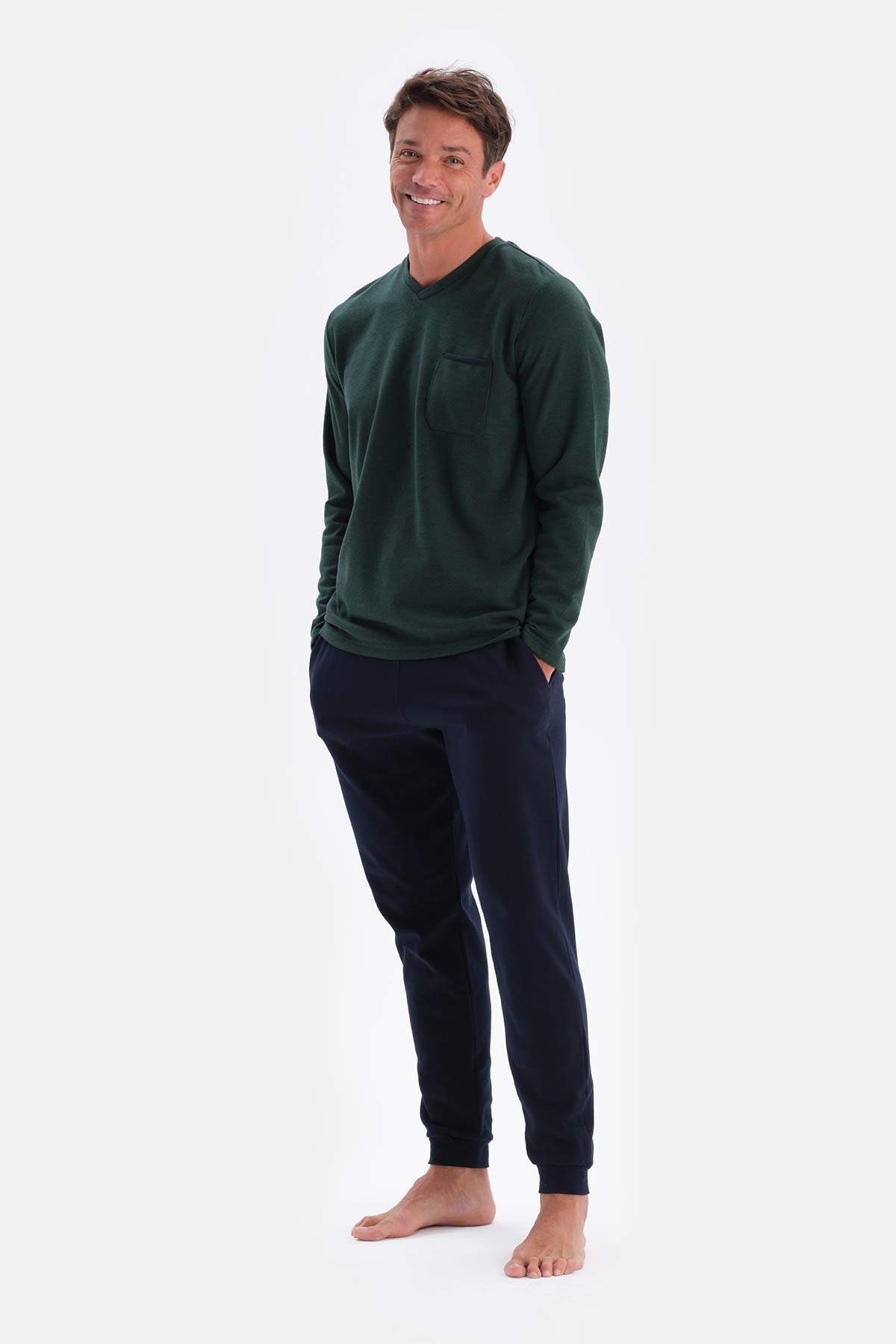 Yeşil V Yaka Uzun Kol Pijama Takımı