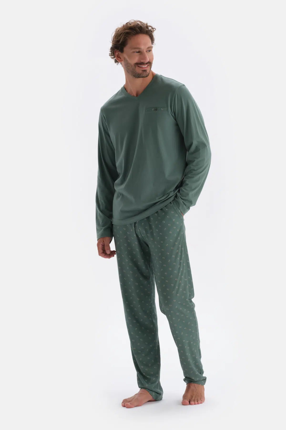 Yeşil V Yaka Uzun Kollu Pamuk Modal Pijama Takımı