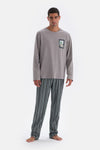 Açık Gri Uzun Kol Baskı Detaylı Pamuk Modal Pijama Takımı