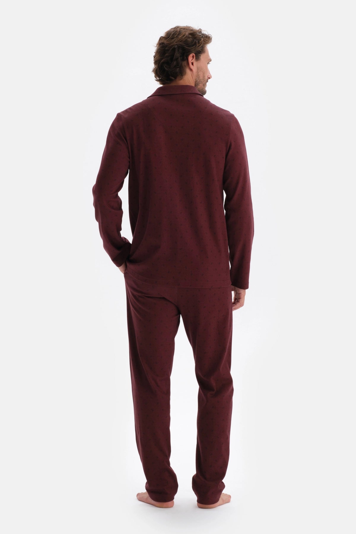 Bordo Mıkroprınt Metraj Baskılı Pamuklu Pijama Takımı