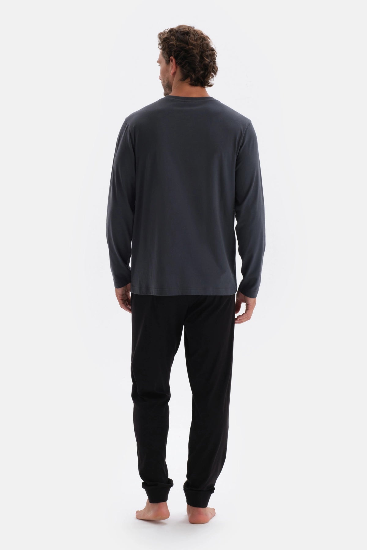 Antrasıt Yarım Patlı Uzun Kollu Penye Modal Pijama Takımı