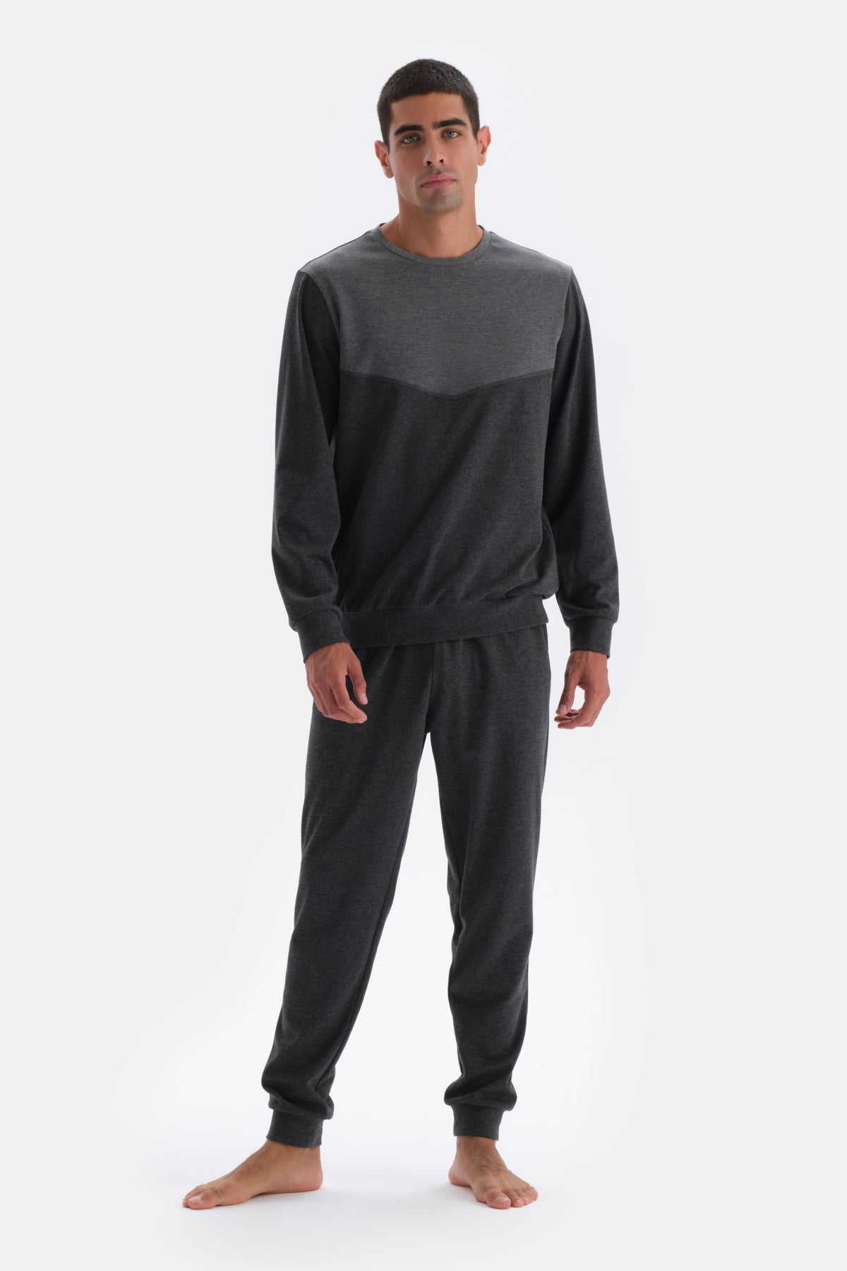 Antrasit Melanj Bisiklet Yaka Uzun Kollu Örme Pijama Takımı