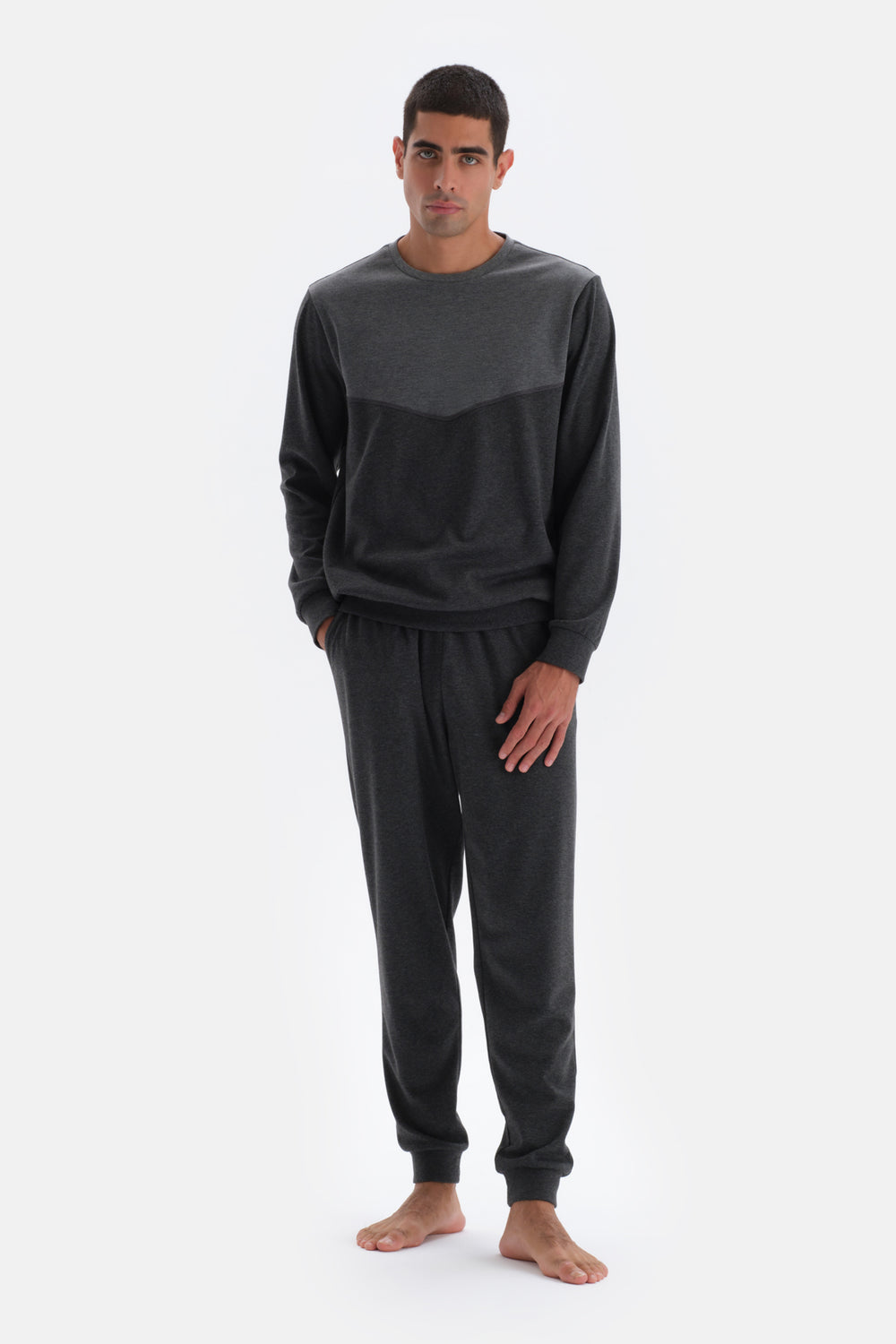 Antrasit Melanj Bisiklet Yaka Uzun Kollu Örme Pijama Takımı