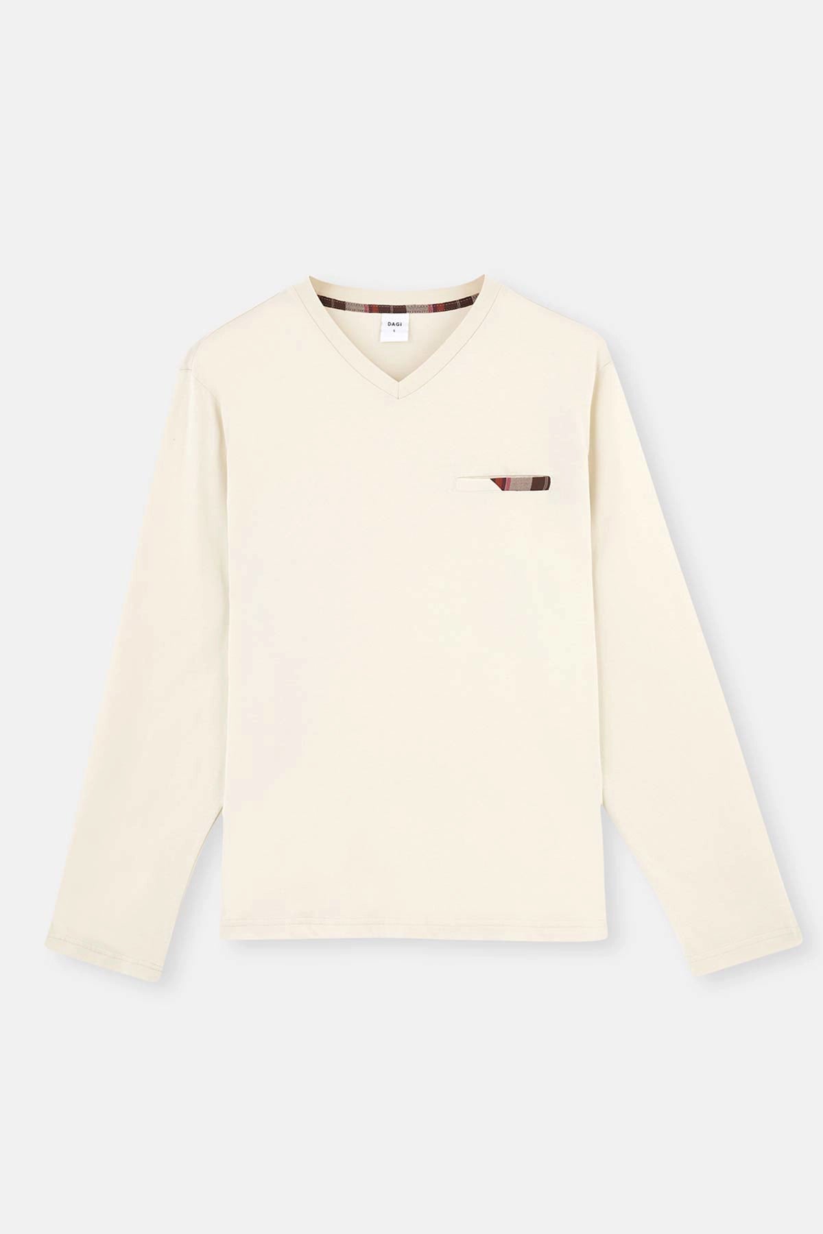 Bej V Yaka Uzun Kollu Altı Dokuma Pijama Takımı