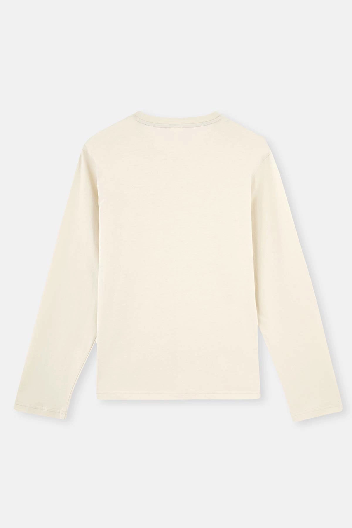 Bej V Yaka Uzun Kollu Altı Dokuma Pijama Takımı