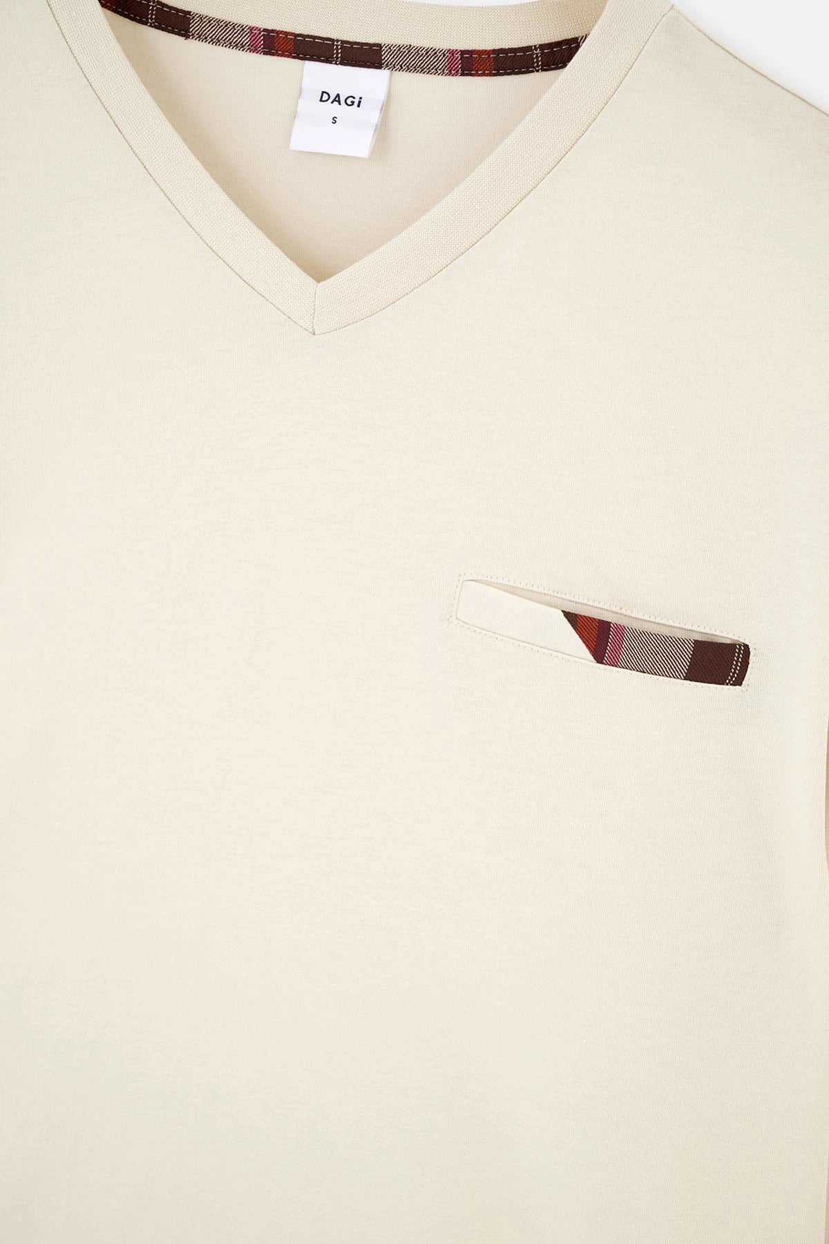 Bej V Yaka Uzun Kollu Altı Dokuma Pijama Takımı