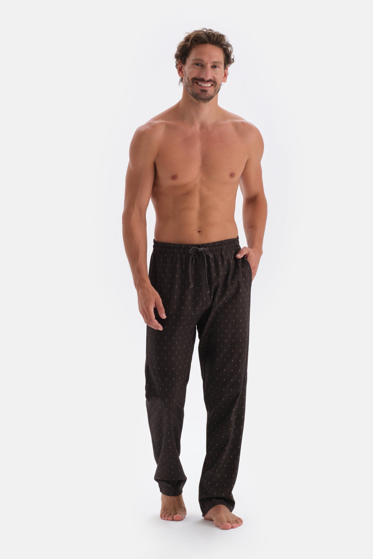 Koyu Kahve Mikroprint Baskılı Interlok Gömlek Pijama Takımı