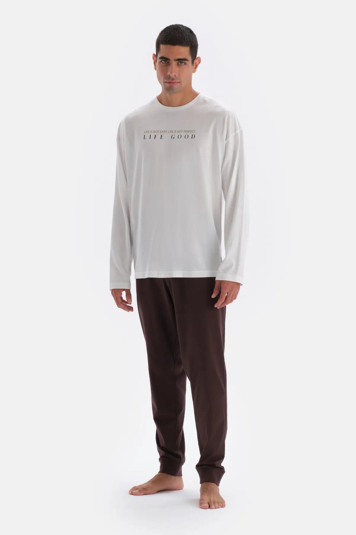 Ekru Baskı Detaylı Uzun Kollu Pamuk Modal Pijama Takımı