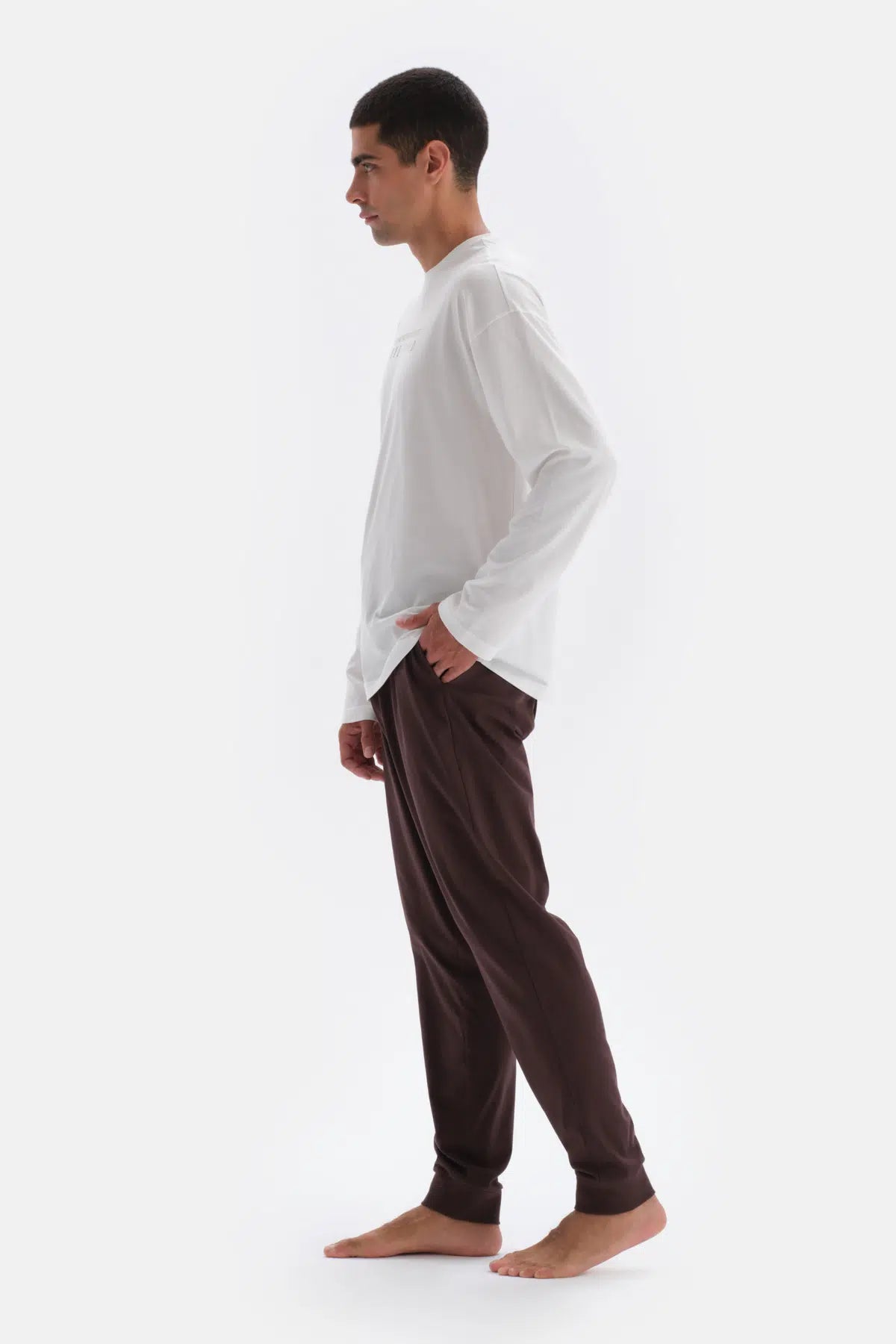 Ekru Baskı Detaylı Uzun Kollu Pamuk Modal Pijama Takımı