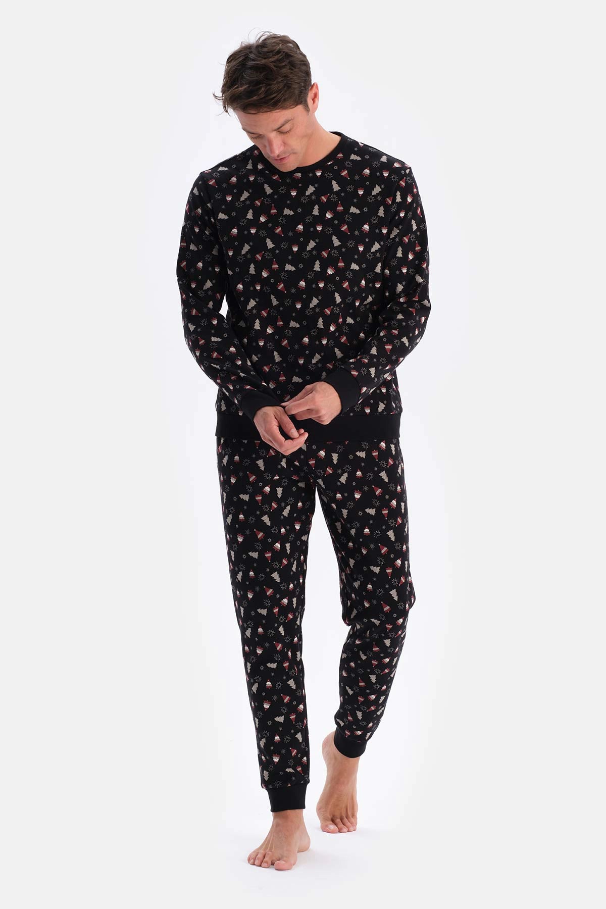 Siyah Metraj Baskılı Ipek Apre Interlok Pijama Takımı