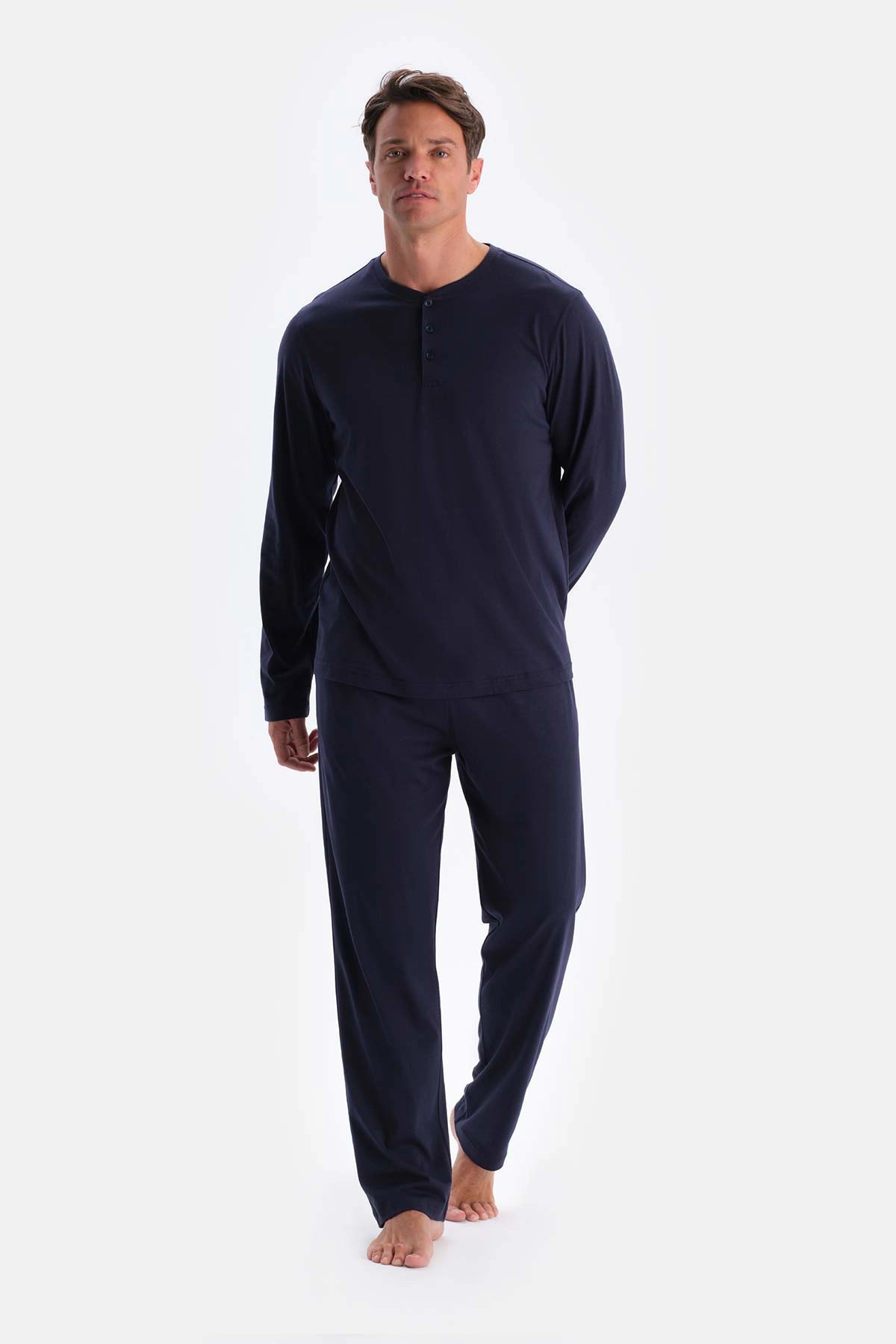 Lacivert Yarım Patlı Uzun Kollu Tişört Pantolon Pijama Takımı