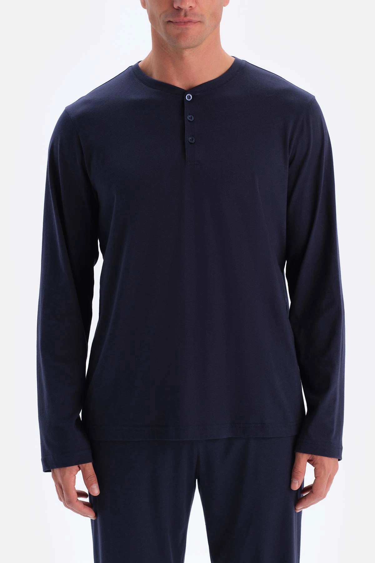 Lacivert Yarım Patlı Uzun Kollu Tişört Pantolon Pijama Takımı