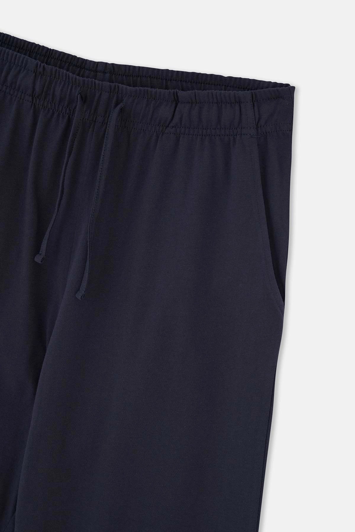 Lacivert Yarım Patlı Uzun Kollu Tişört Pantolon Pijama Takımı