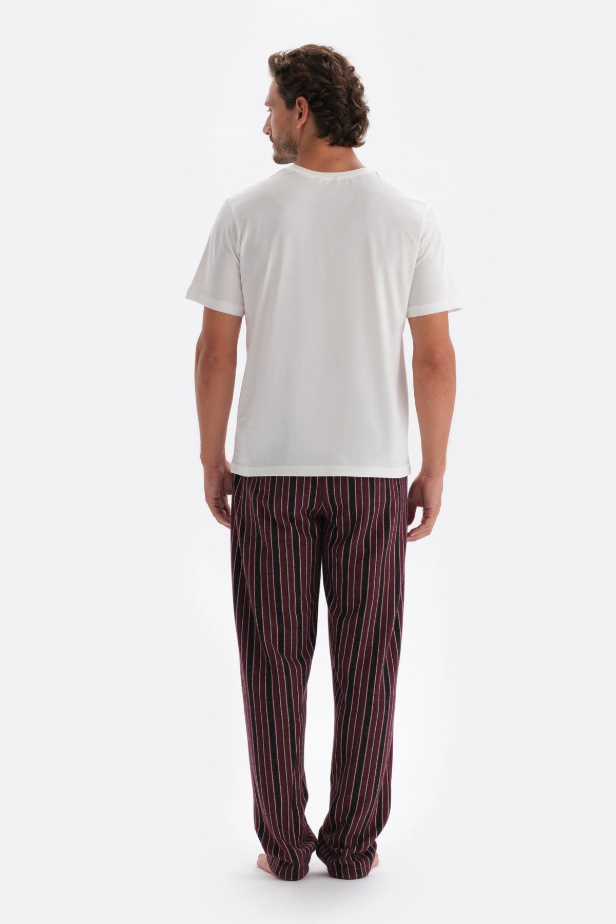 Bordo Çizgi Jakarlı Örme Pijama Altı