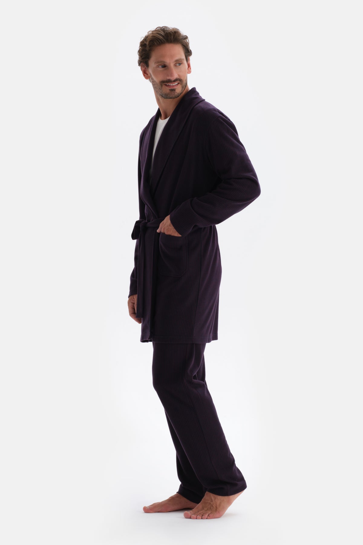 Bordo Çizgi Jakarlı Örme Pijama Altı