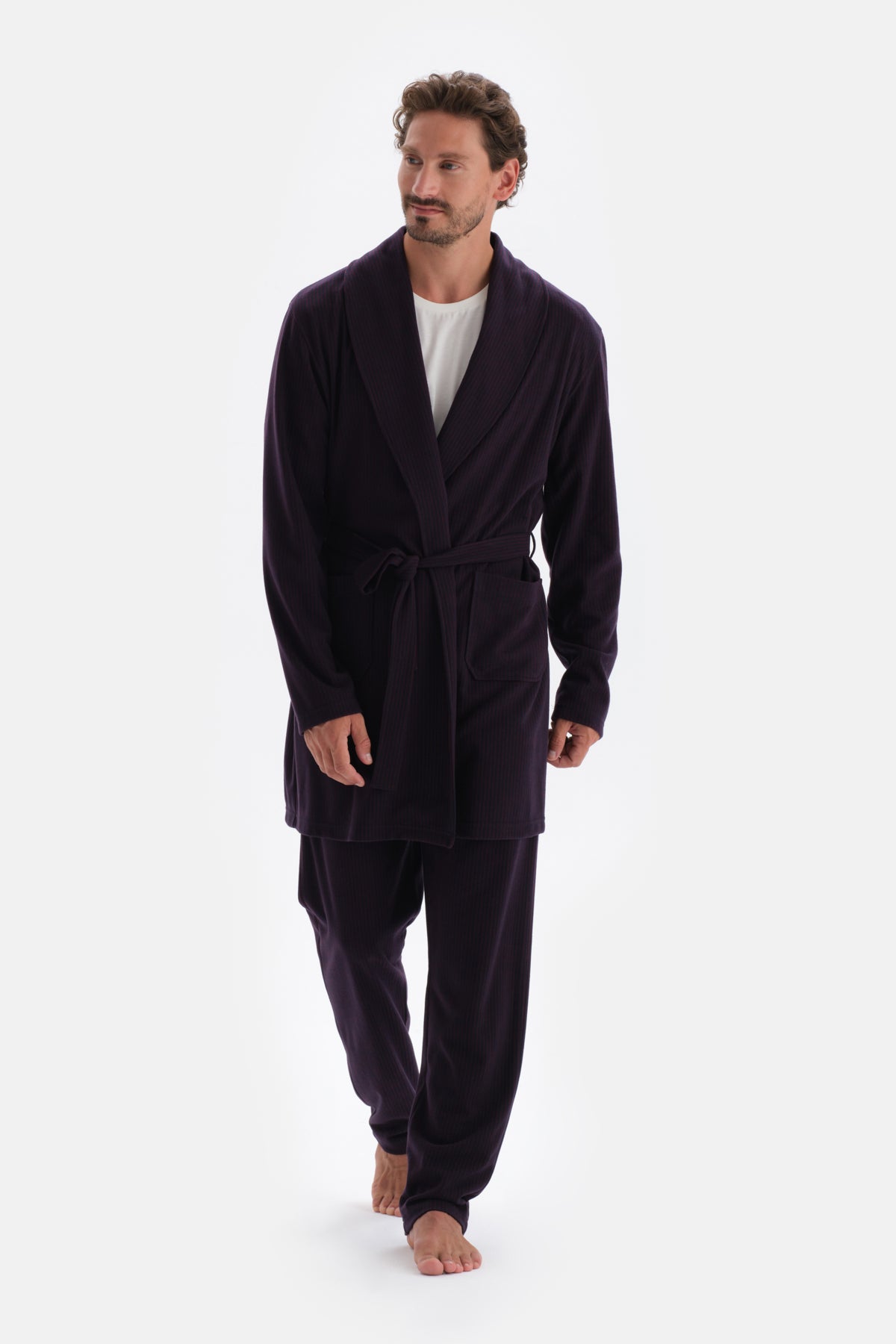 Bordo Çizgi Jakarlı Örme Pijama Altı