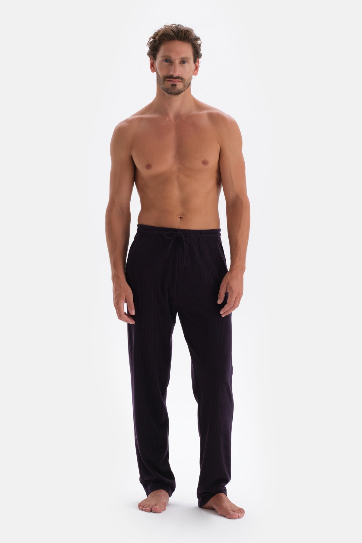 Bordo Çizgi Jakarlı Örme Pijama Altı