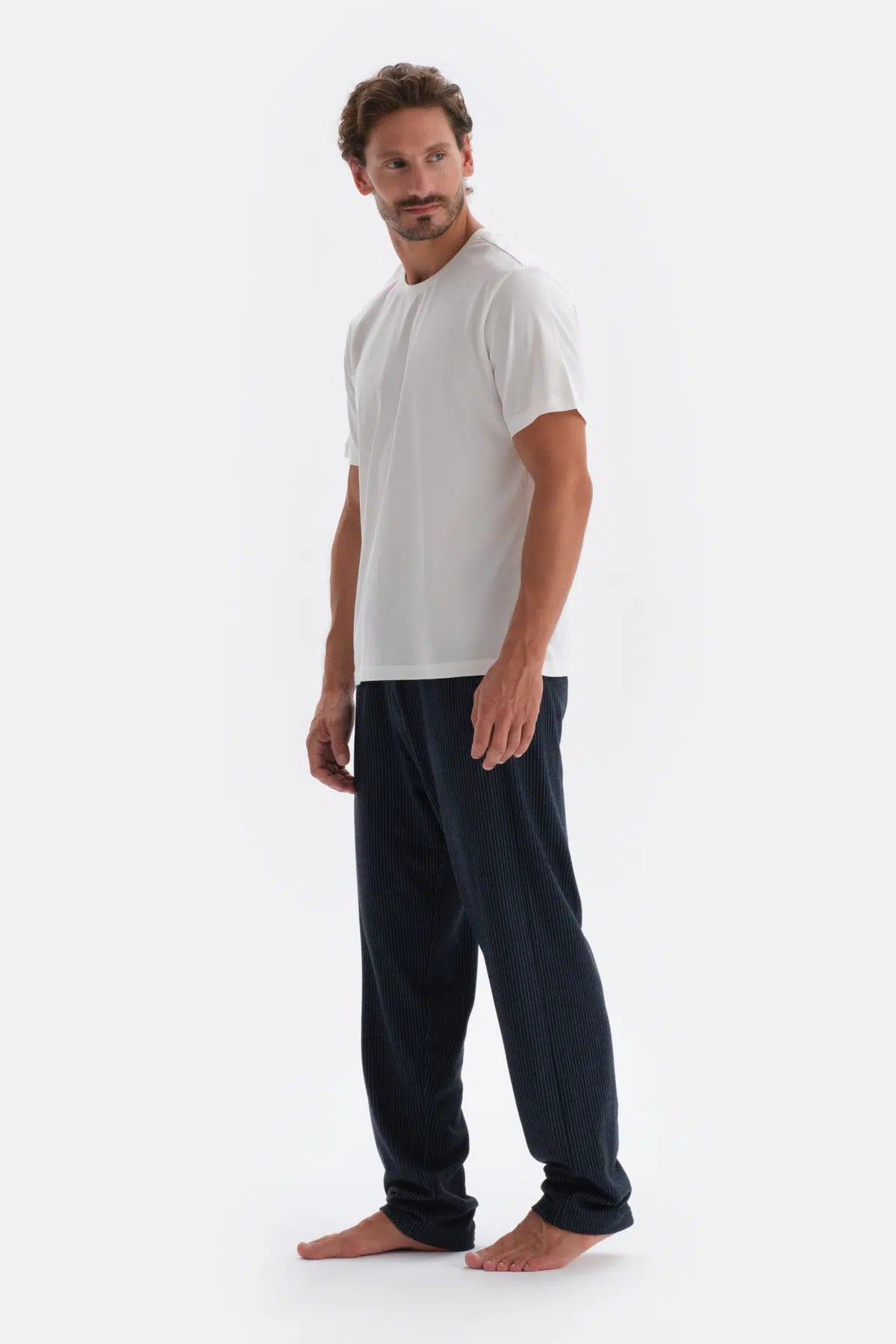 Lacivert Çizgi Jakarlı Örme Pijama Altı