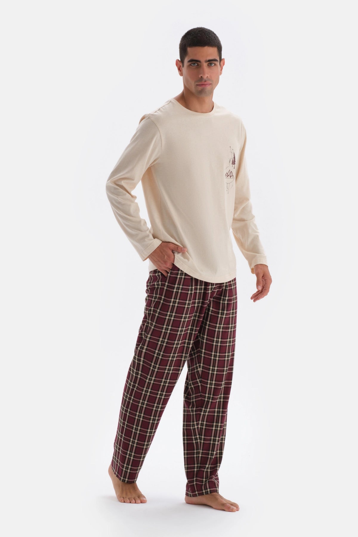 Ekru Bisiklet Yaka Uzun Kol Baskı Detaylı Pijama Üstü