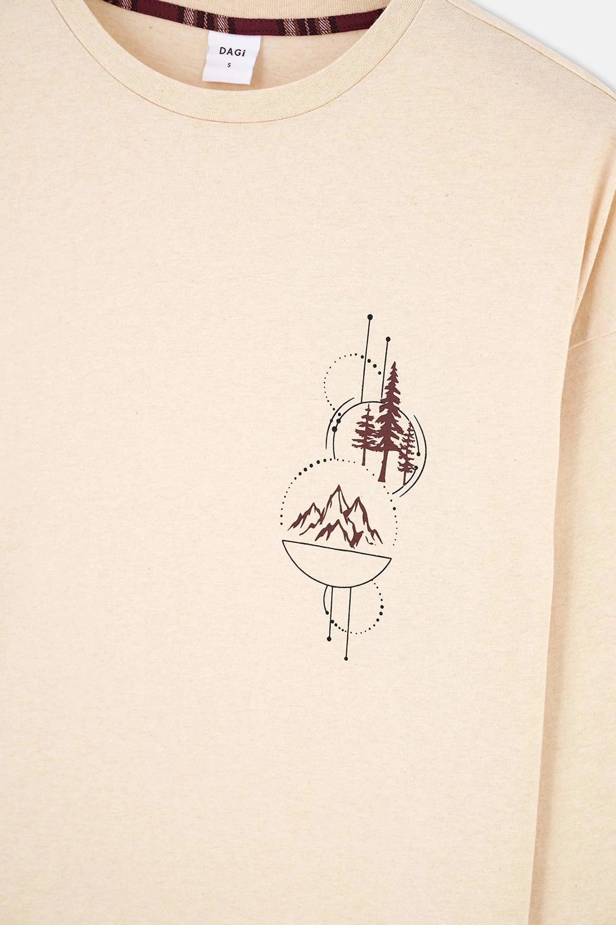 Ekru Bisiklet Yaka Uzun Kol Baskı Detaylı Pijama Üstü