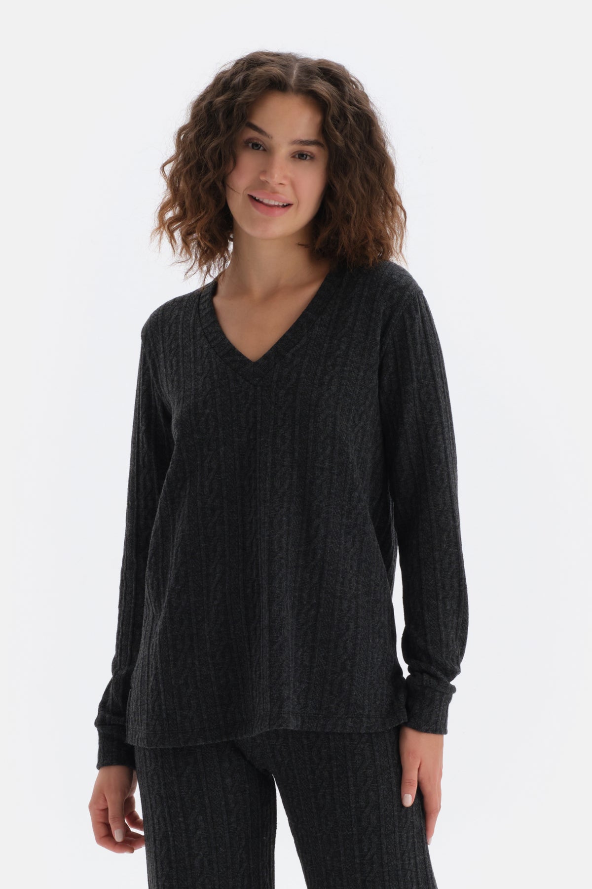 Antrasıt V Yaka Uzun Kollu Örgülü Sweatshirt