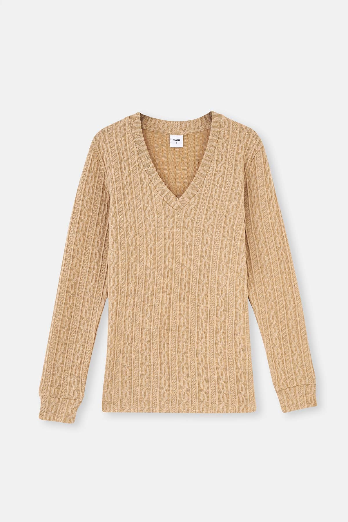 Açık Kahve V Yaka Uzun Kollu Örgülü Sweatshirt