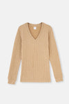 Açık Kahve V Yaka Uzun Kollu Örgülü Sweatshirt