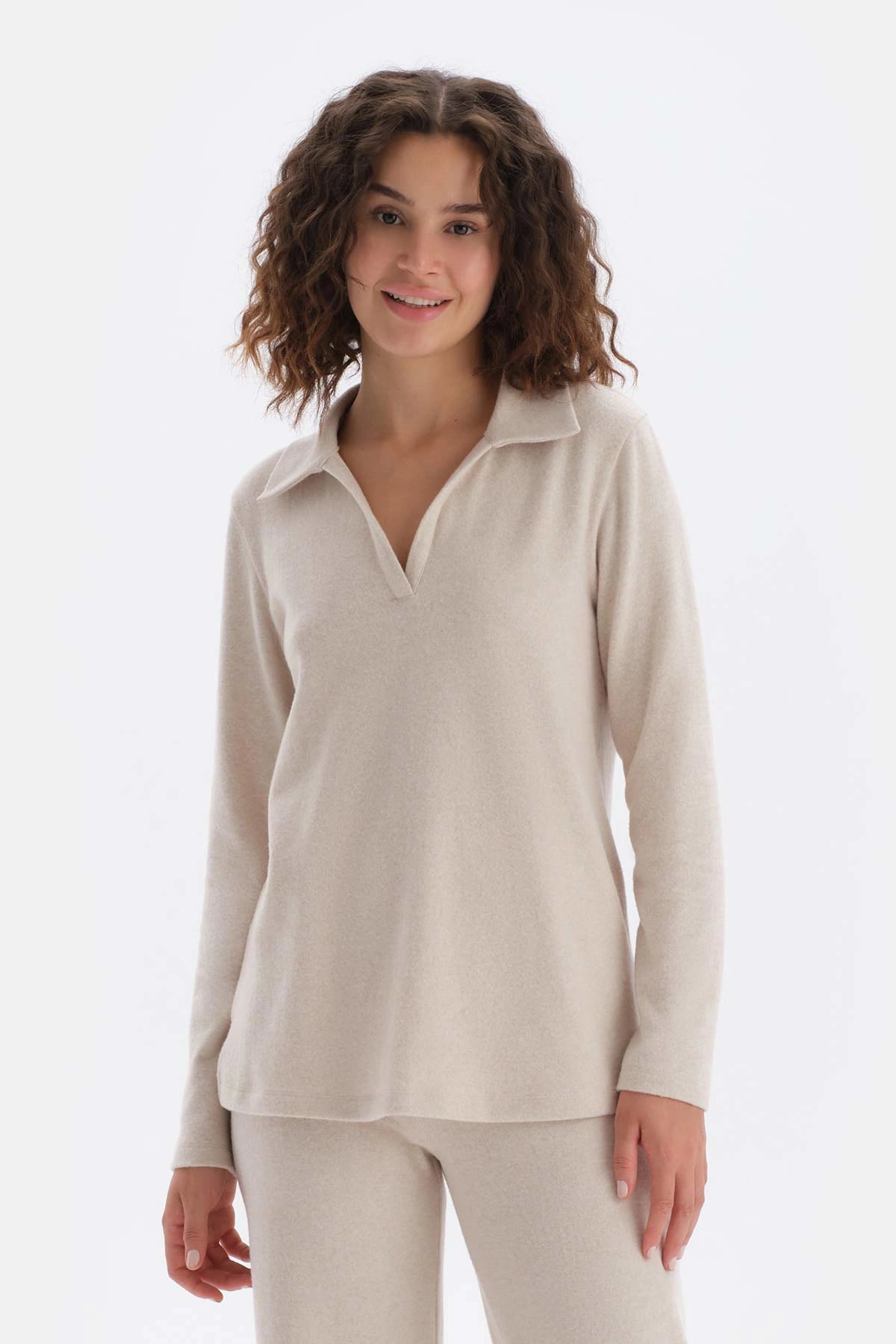 Bej Melanj Polo Yaka Uzun Kollu Sweatshirt