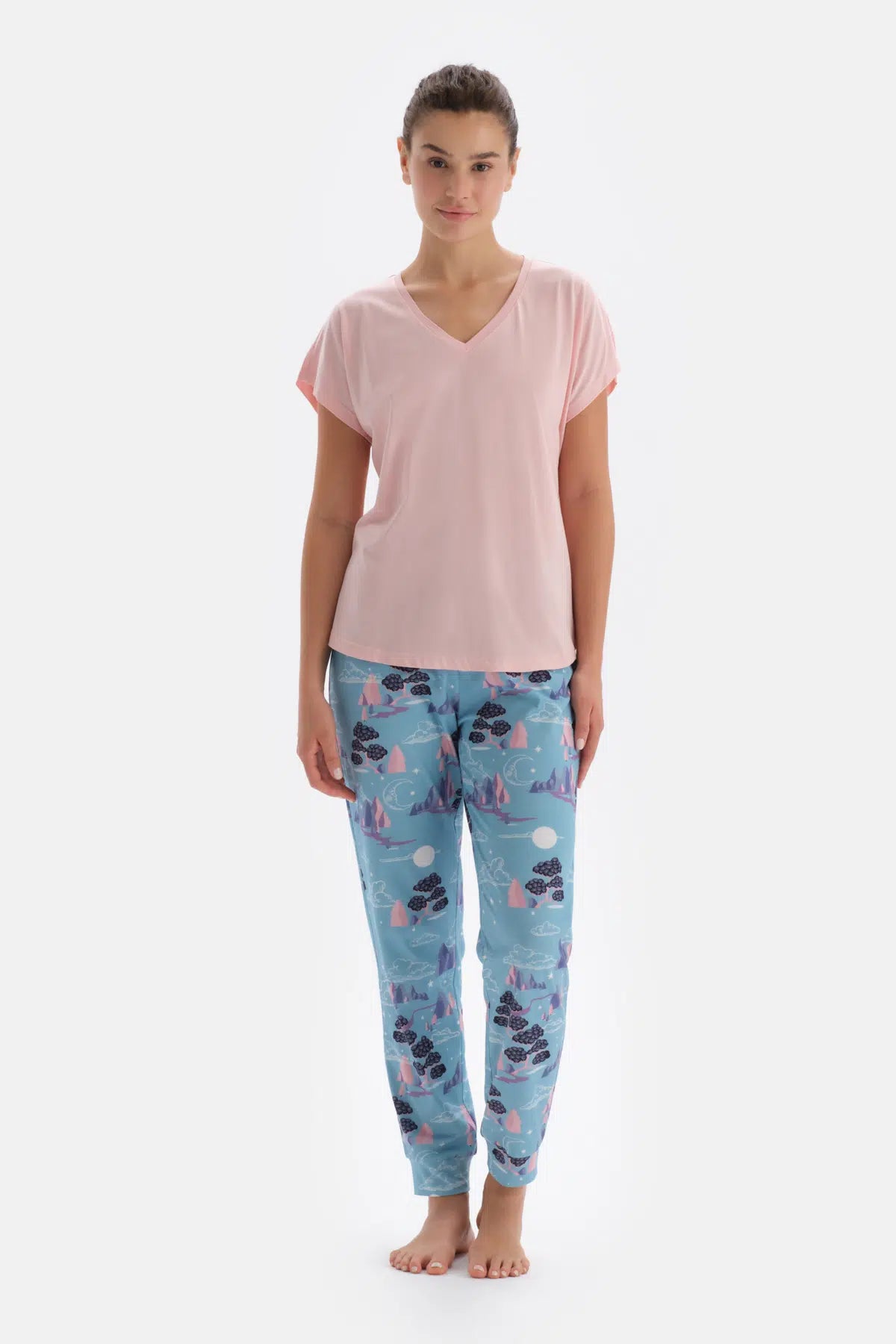 Açık Pembe V Yaka Kısa Kollu Pijama Üstü