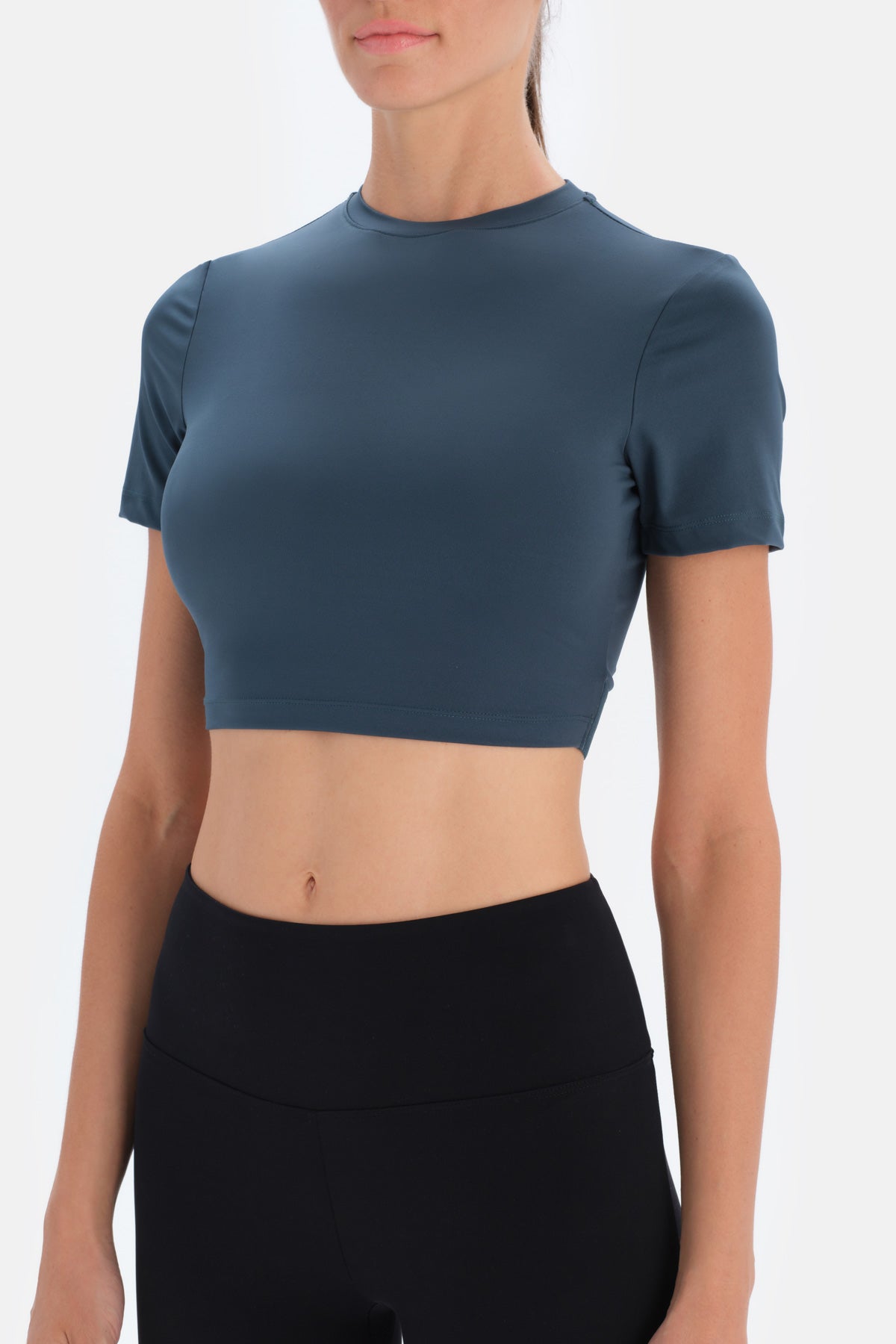 Koyu Yeşil Bisiklet Yaka Crop T-Shirt