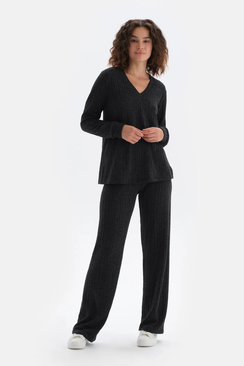 Antrasıt Bol Paça Örgülü Pantolon